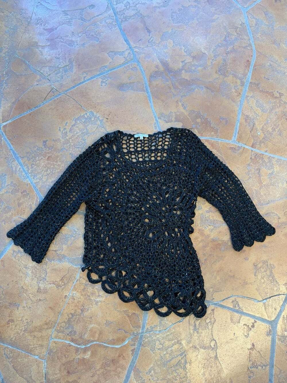 Tempo Paris Crochet Top Size M Black Metallic Long Sleeve